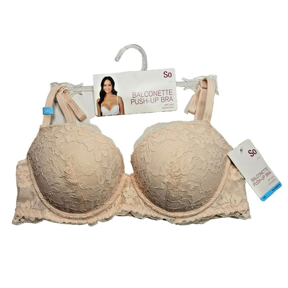 SO Balconette Push-Up Bra Soft Lace Underwire Convertible Size 34C Nude Peach